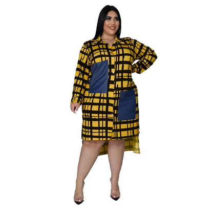 New Plus Size Dresses Women 2022 Wholesale Buttons Casual Long Sleeve Loose Office Lady Plaid Shirt Midi Dresses Dropshipping