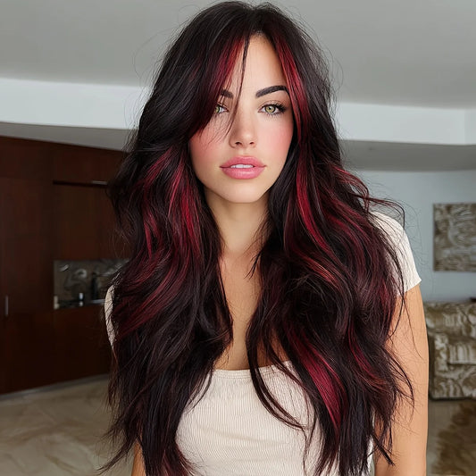 2025 & 2026 Hot Selling Fashion Wig Synthetic Wig Future Fiber Red and Black Highlight Dyed Gradient Curly Wigs for Women 	SM398