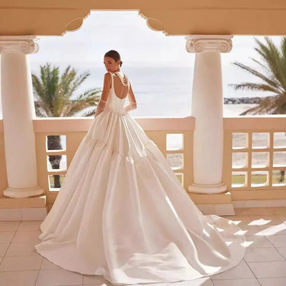 Simple Square Neck Corset Bridal Gowns Long Train Sheath Ball Gown Satin a Line Wedding Dresses