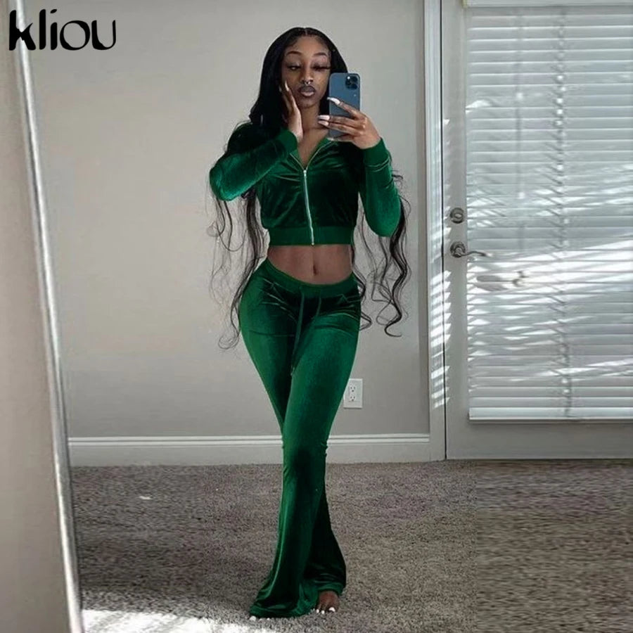Kliou Solid Velour Two Piece Set Women Simple Casual Zipper Long Sleeve Turtleneck Top+Bandage Lace Slim Female Wide Leg Pants