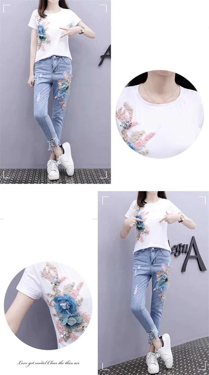One-Piece/Set 2025 & 2026 Summer New Women Denim Pants Beaded Embroidery Short-Sleeved + Small Feet Hole Jeans Female Two-Piece Suit425