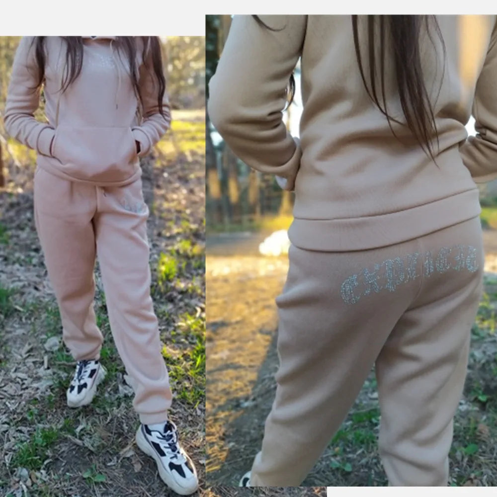 Diamonds Tracksuit 2 Piece Set Women Oversize Hoodies Sweatshirt Sweatpants Joggers Sport Pant Suits Femme Outfits Sweatsuits
