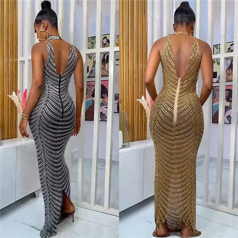 Sparkly Crystal Rhinestone Bodycon Maxi Dress Women Wedding Evening Backless Mesh See Through Night Party Club Birthday Dress