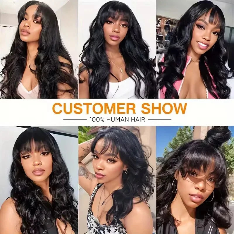 Glueless Bangs Wig Ready to Go Body Wave Human Hair Wigs with Bangs Machine Made Blend Human Hair Wigs for Women