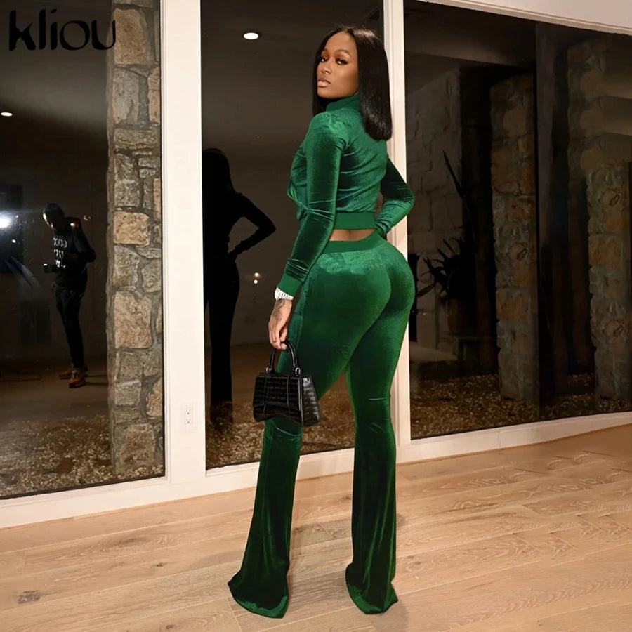 Kliou Solid Velour Two Piece Set Women Simple Casual Zipper Long Sleeve Turtleneck Top+Bandage Lace Slim Female Wide Leg Pants