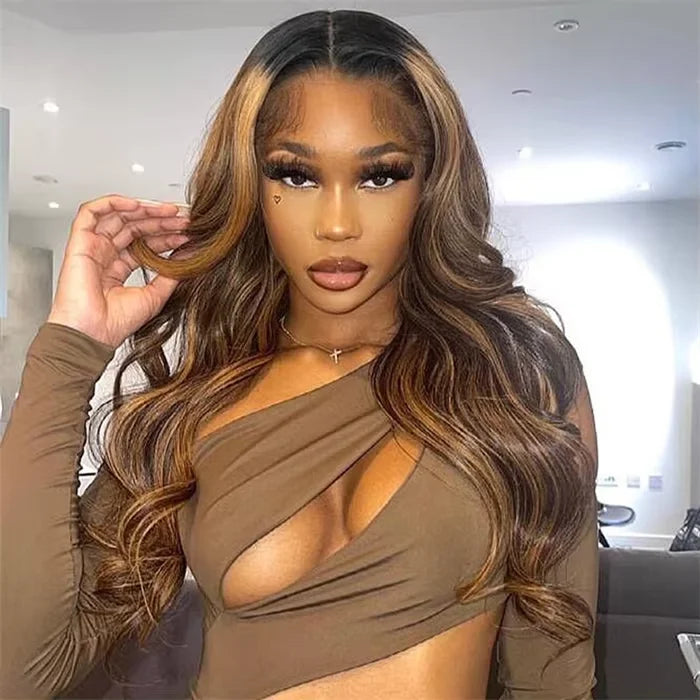 Wholesale 13x4 Lace Full Frontal Wig Brazilian Hair for Ombre Highlight Body Wave in Honey Blonde Dark Roots Transparent Lace