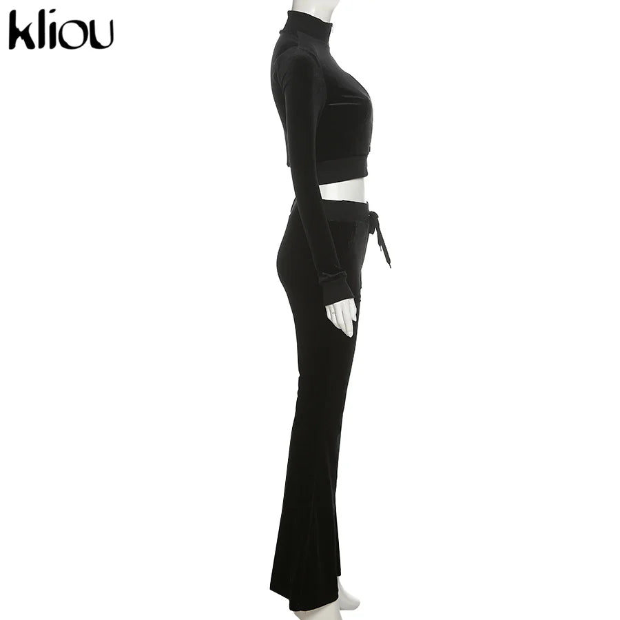 Kliou Solid Velour Two Piece Set Women Simple Casual Zipper Long Sleeve Turtleneck Top+Bandage Lace Slim Female Wide Leg Pants