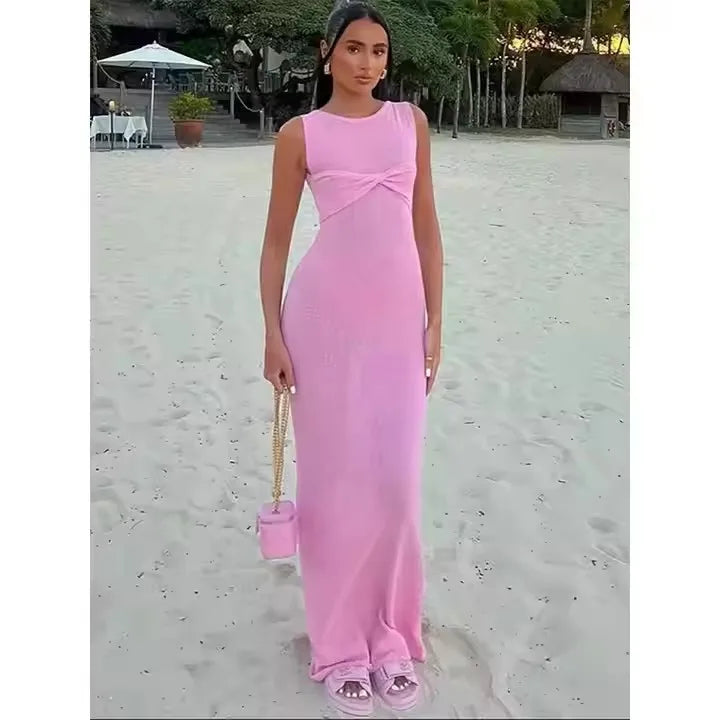 Female Summer Skinny Elegant Party Beachwear Sleeveless Round Neck Dress Knitted See Through Ruched Women Maxi Dress
