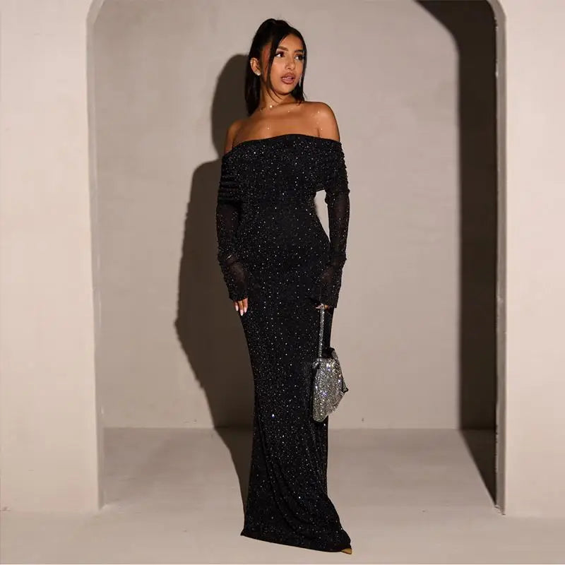 Black Sequin One-Shoulder Evening Gown for Women High-End Party Dress