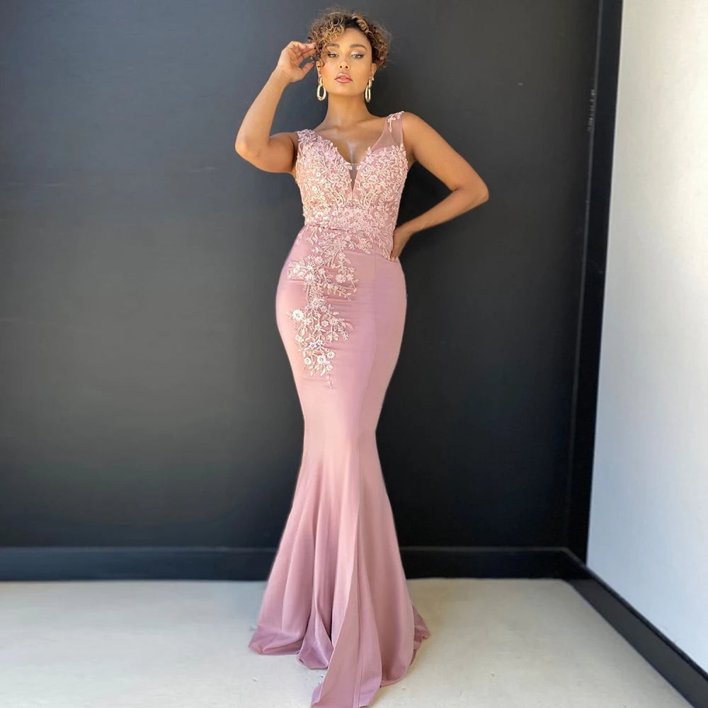 Pink Mermaid Evening Dresses 2026 Simple V-Neck Lace Applique Prom Gowns Elegant Satin Black Custom Party Dress robes de soirée