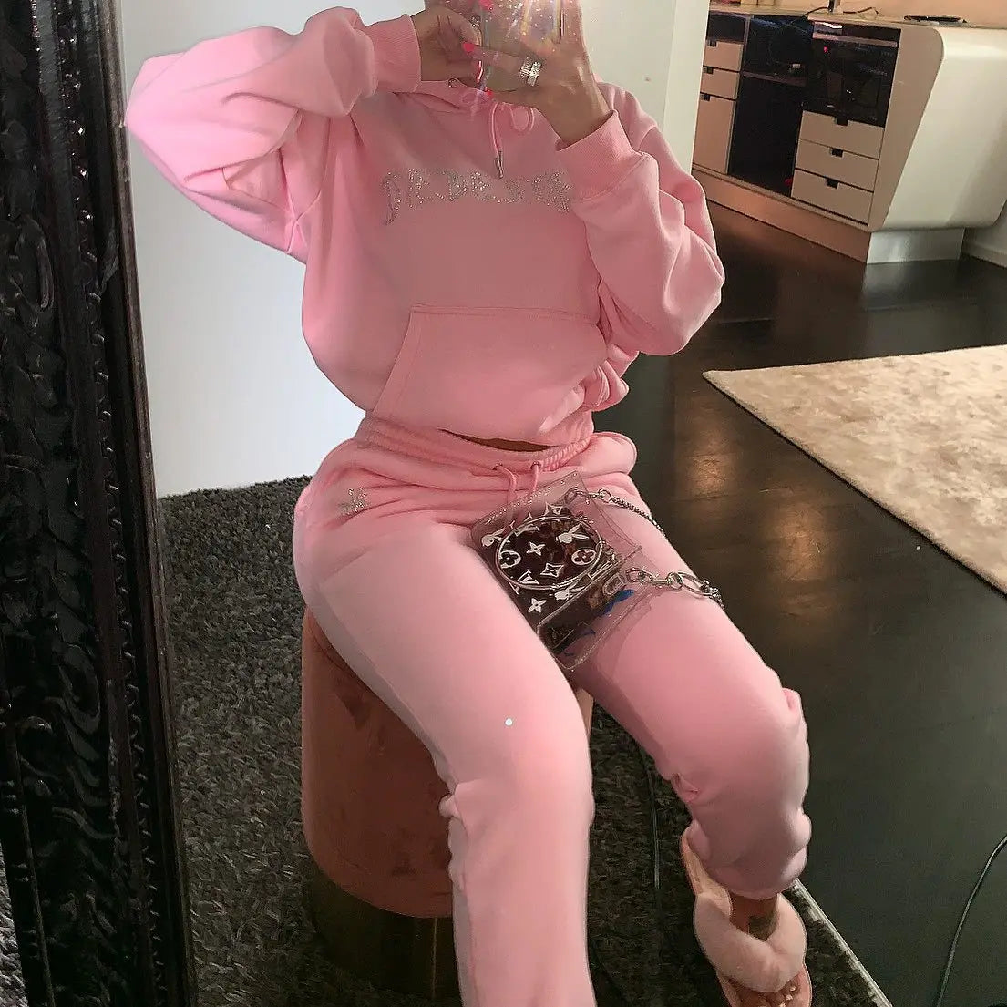 Diamonds Tracksuit 2 Piece Set Women Oversize Hoodies Sweatshirt Sweatpants Joggers Sport Pant Suits Femme Outfits Sweatsuits