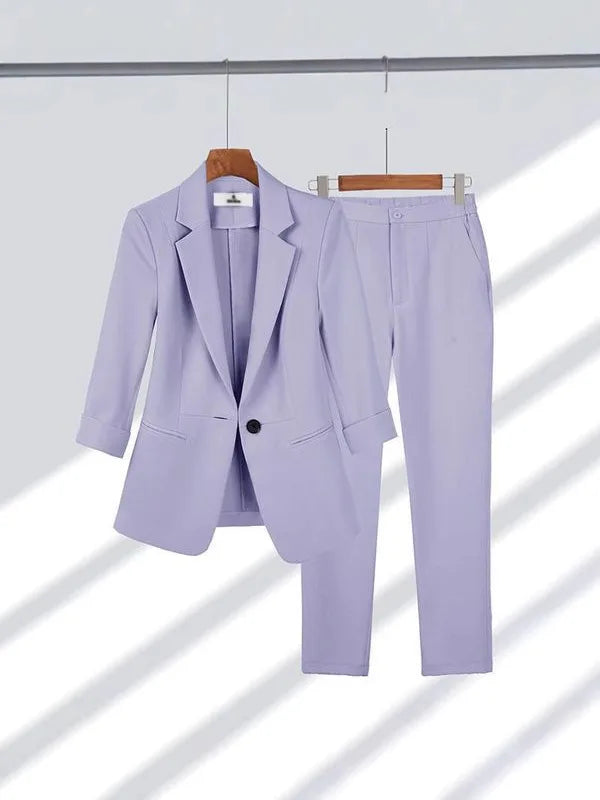 2025& 2026 Women's New V-neck Big Collar Solid Color One Button Professional Set Casual Nine Sleeve Suit Set Women's Wear