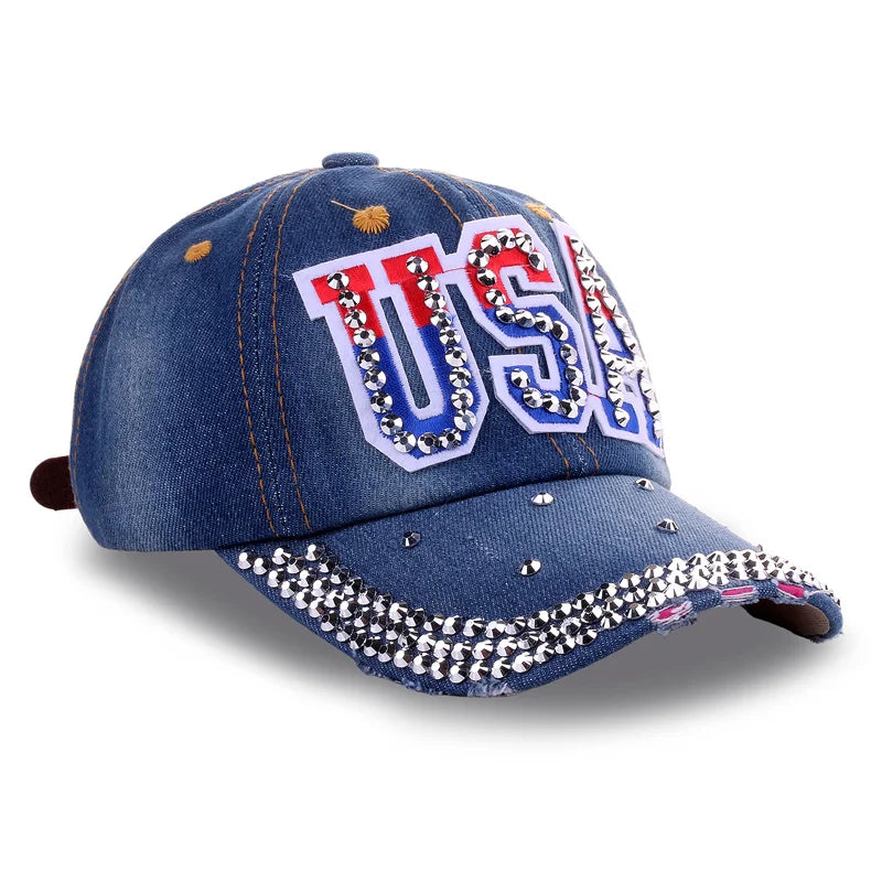 Popular Men Women Adjustable Hip Hop Trucker Hats Cotton USA Sports Caps Rhinestone American Flag Baseball Caps