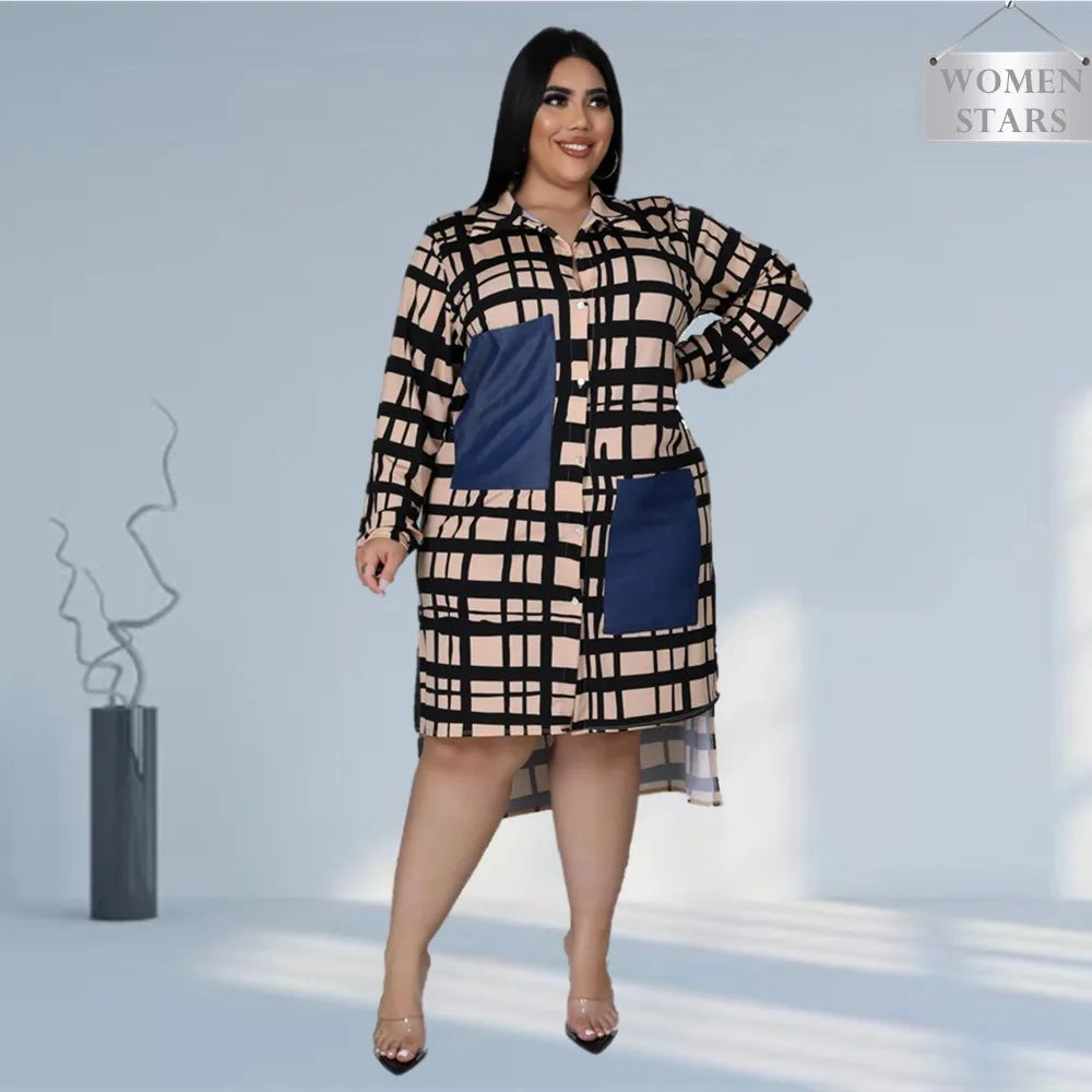 New Plus Size Dresses Women 2022 Wholesale Buttons Casual Long Sleeve Loose Office Lady Plaid Shirt Midi Dresses Dropshipping