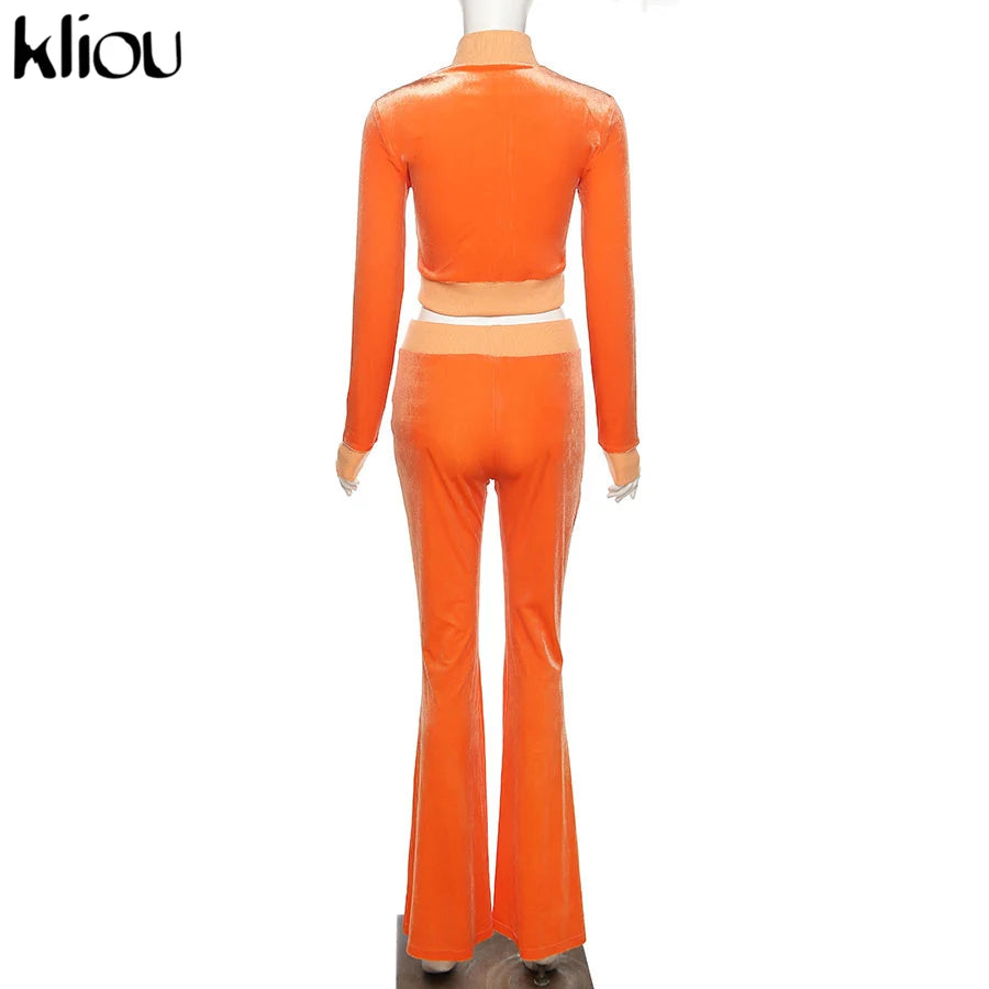 Kliou Solid Velour Two Piece Set Women Simple Casual Zipper Long Sleeve Turtleneck Top+Bandage Lace Slim Female Wide Leg Pants