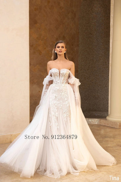Luxury Mermaid Wedding Dresses  Thick Staps Detachable Train 2 In 1 Lace Applique Wedding Gowns Tailor-Made