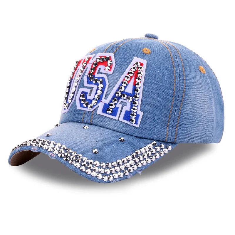 Popular Men Women Adjustable Hip Hop Trucker Hats Cotton USA Sports Caps Rhinestone American Flag Baseball Caps