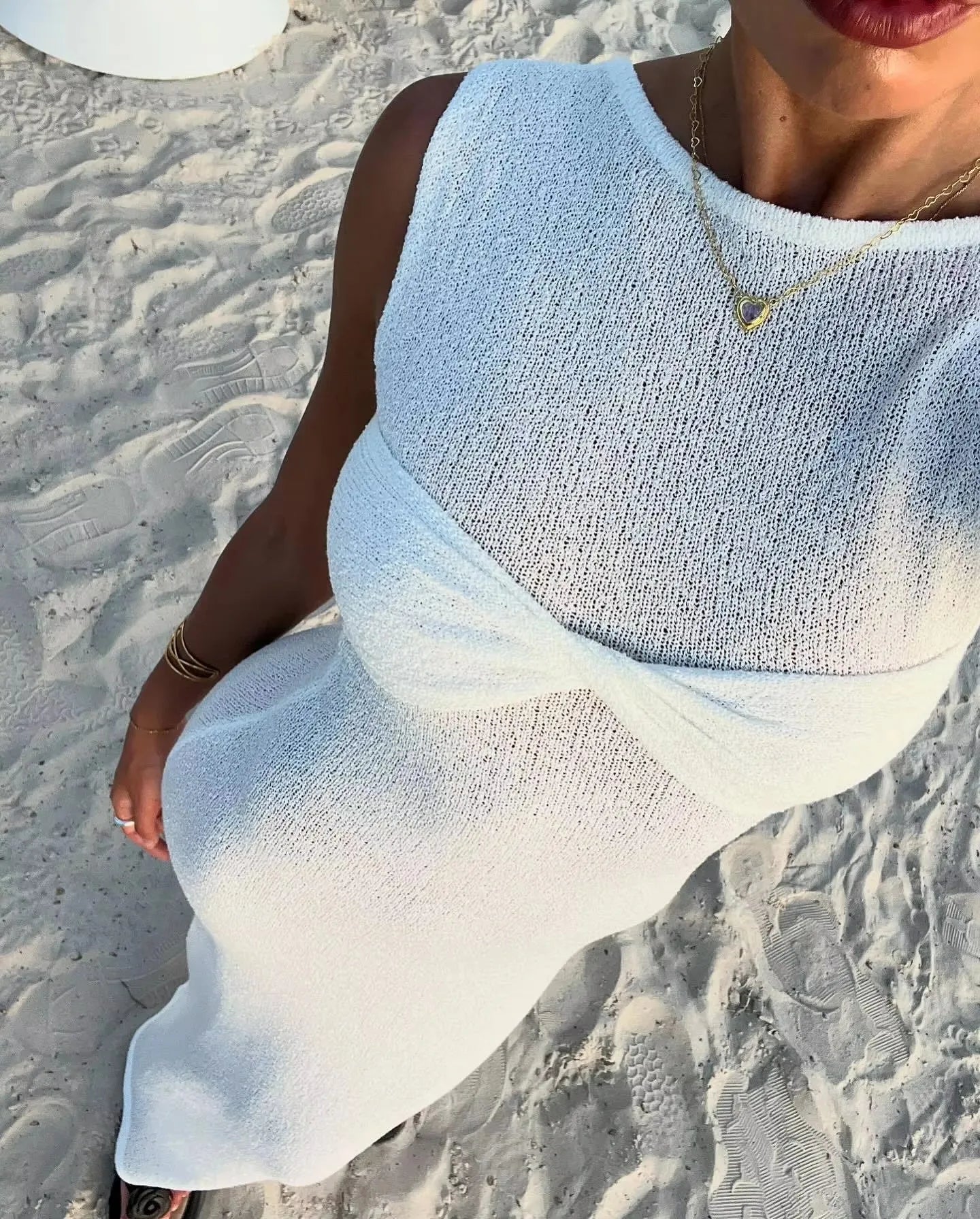 Female Summer Skinny Elegant Party Beachwear Sleeveless Round Neck Dress Knitted See Through Ruched Women Maxi Dress
