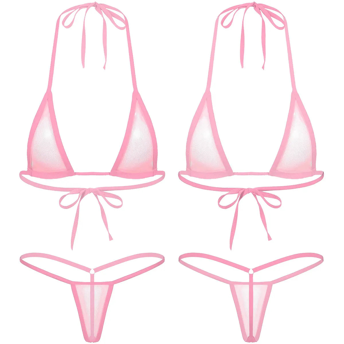 Women's Two-Piece Swimsuits Bikini Sets Sexy Mesh Sheer Halter neck Micro Bikini Outfits Bra Top with G-String Swimwear Female