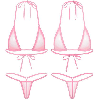 Women's Two-Piece Swimsuits Bikini Sets Sexy Mesh Sheer Halter neck Micro Bikini Outfits Bra Top with G-String Swimwear Female