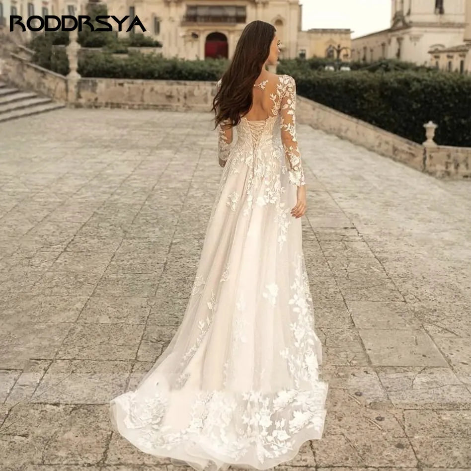 RODDRSYA Elegant O-Neck Wedding Dress Lace Up A-Line Applique Tulle Long Sleeves Beach Bride Gowns vestidos de novia Customized