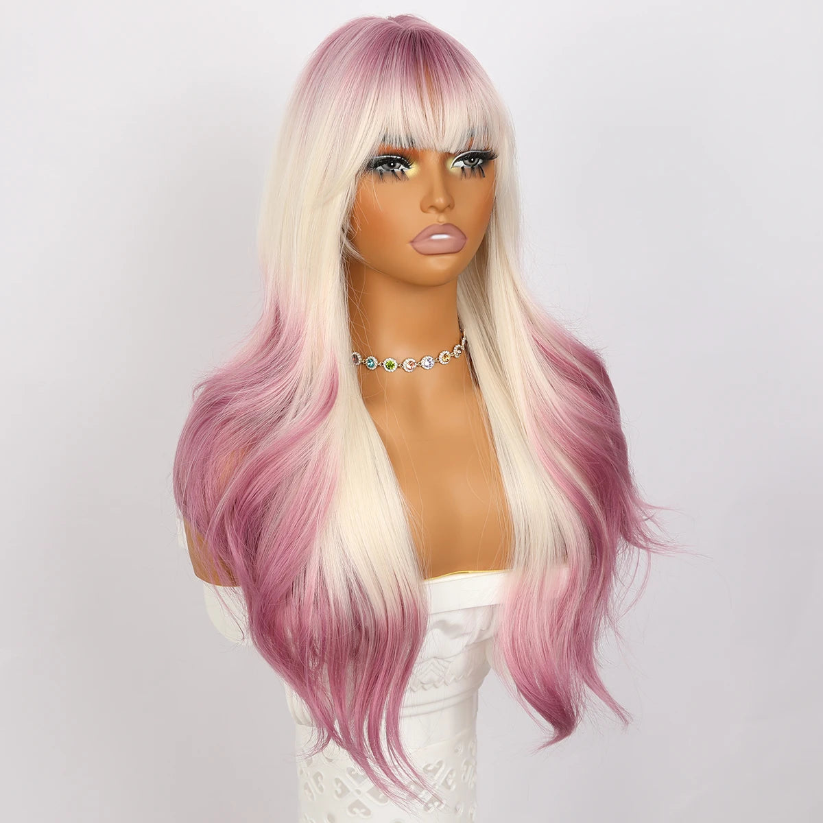 Wholesale New Ladies' Long Curly Pink Wig with Bangs Gradient Gold Body Wave Headdress Manufactured by SM393