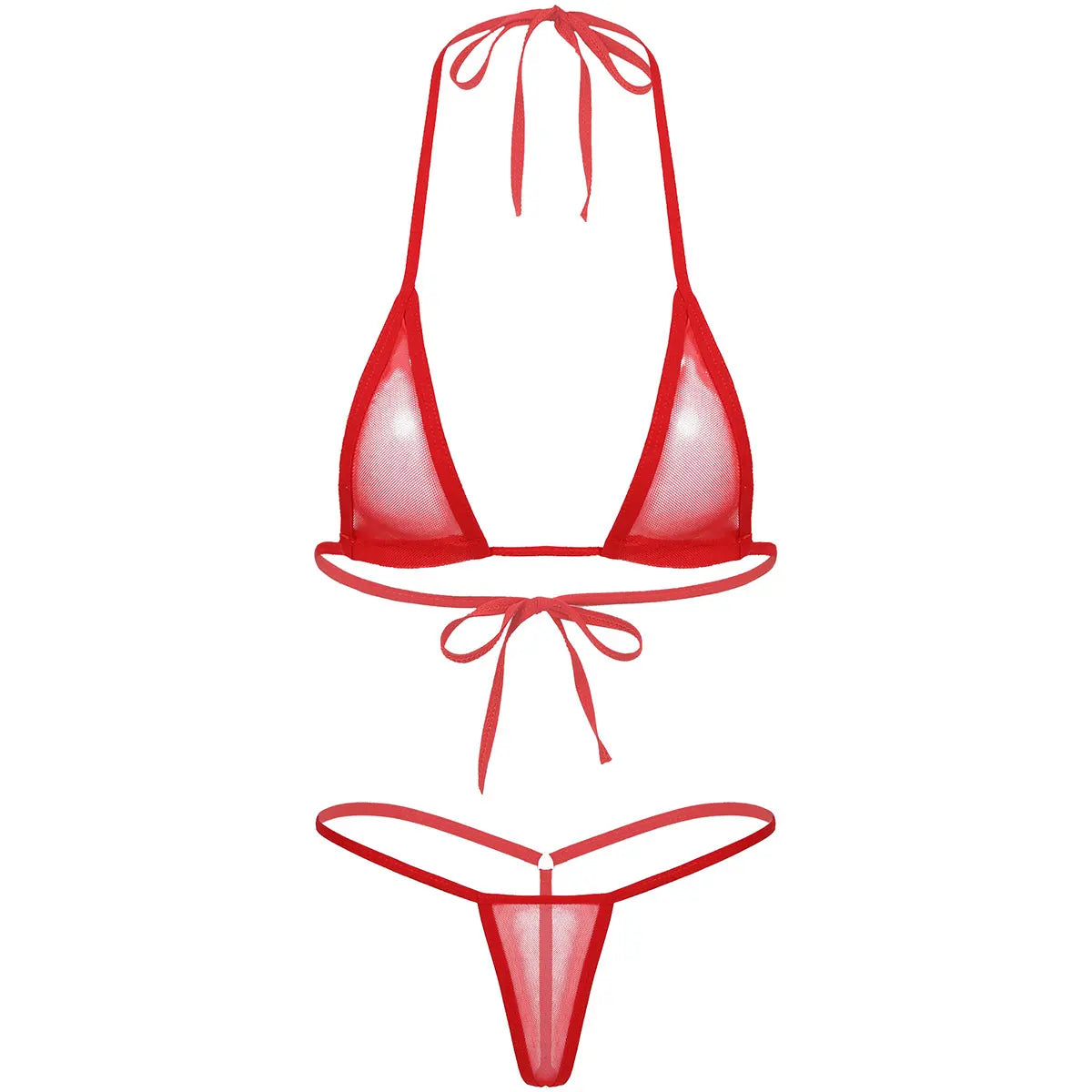 Women's Two-Piece Swimsuits Bikini Sets Sexy Mesh Sheer Halter neck Micro Bikini Outfits Bra Top with G-String Swimwear Female