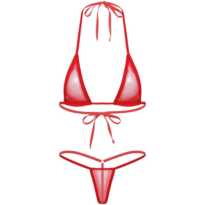 Women's Two-Piece Swimsuits Bikini Sets Sexy Mesh Sheer Halter neck Micro Bikini Outfits Bra Top with G-String Swimwear Female