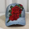 Wholesale Red Rose Hats for Women Bling Rhinestone Baseball Cap With Embroidered Rose Flower Denim Baseball Cap Woman