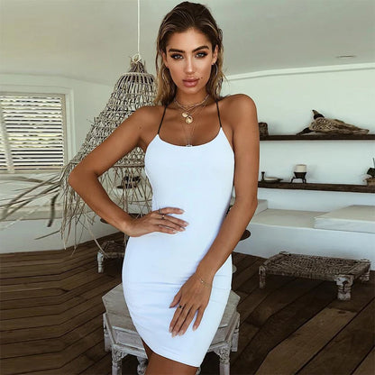 Summer Women Sexy Plain Solid Color Bandage Dress Elegant Backless Sleeveless Bodycon Evening Party Club Mini Dress