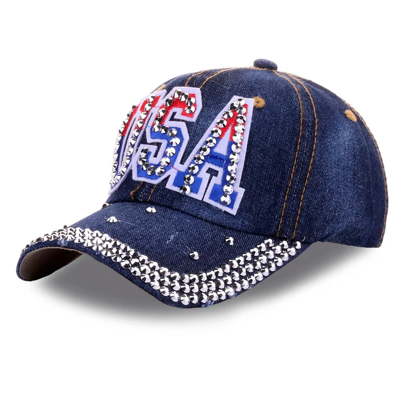 Popular Men Women Adjustable Hip Hop Trucker Hats Cotton USA Sports Caps Rhinestone American Flag Baseball Caps