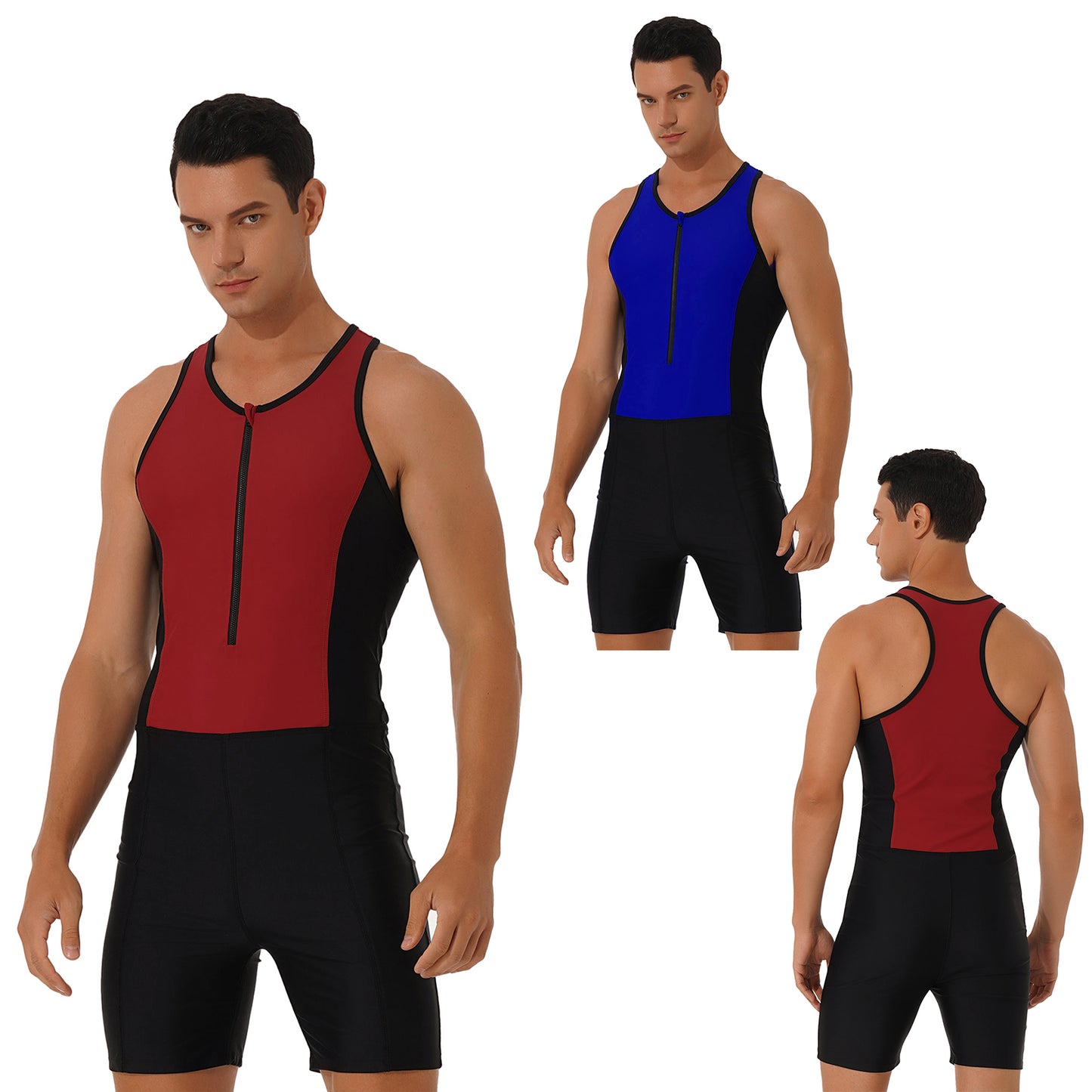 Men Bodysuit Swimsuit Sleeveless Racerback Zipper Jumpsuit Swimwear Bathing Suit Surfing Clothing Rashguard Beachwear Wetsuit