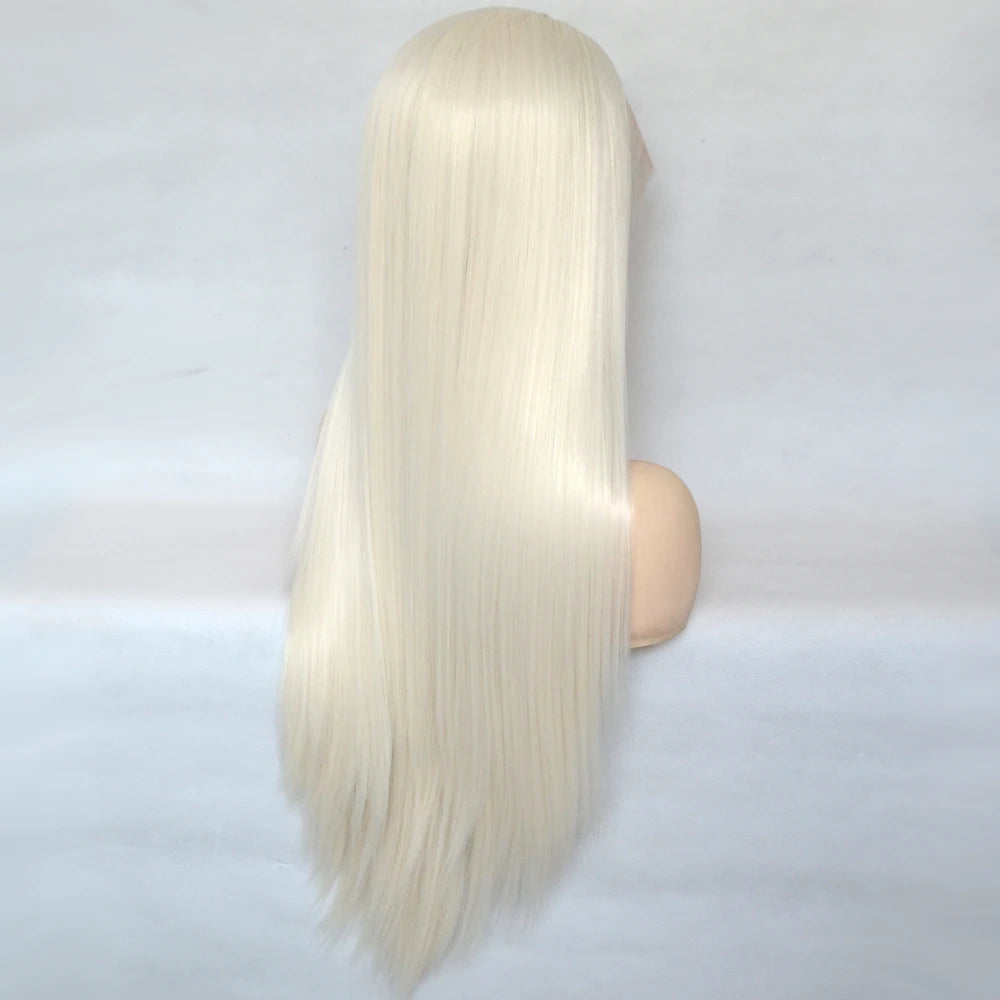 Voguequeen Platinum Blonde Synthetic Lace Front Wigs Silky Straight Heat Resistant Fiber Daily Wear For Women