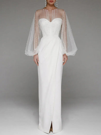 Women O-Neck Solid Loose Floor Length Dress Tulle Pearl Top Long Sleeves Evening Dresses