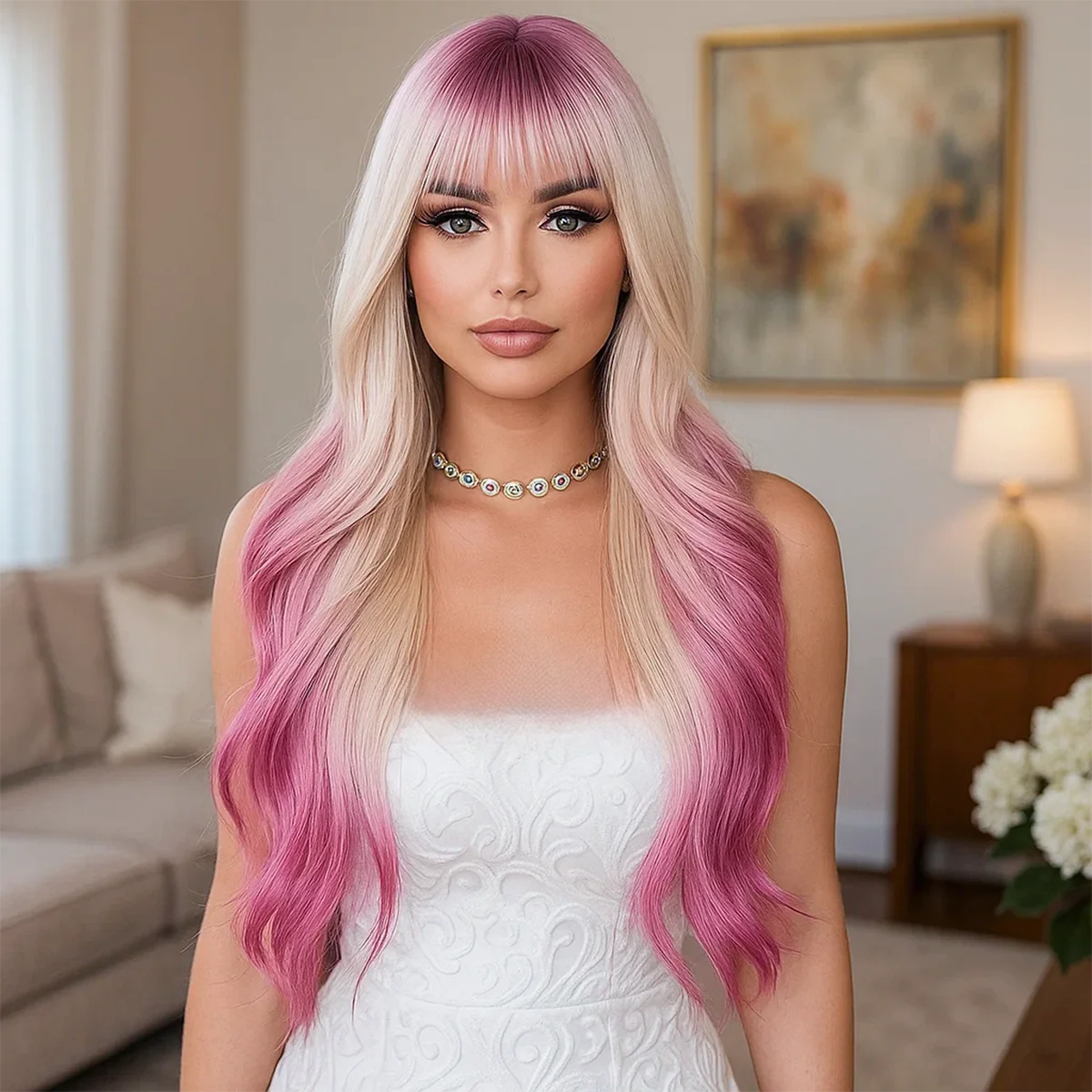 Wholesale New Ladies' Long Curly Pink Wig with Bangs Gradient Gold Body Wave Headdress Manufactured by SM393