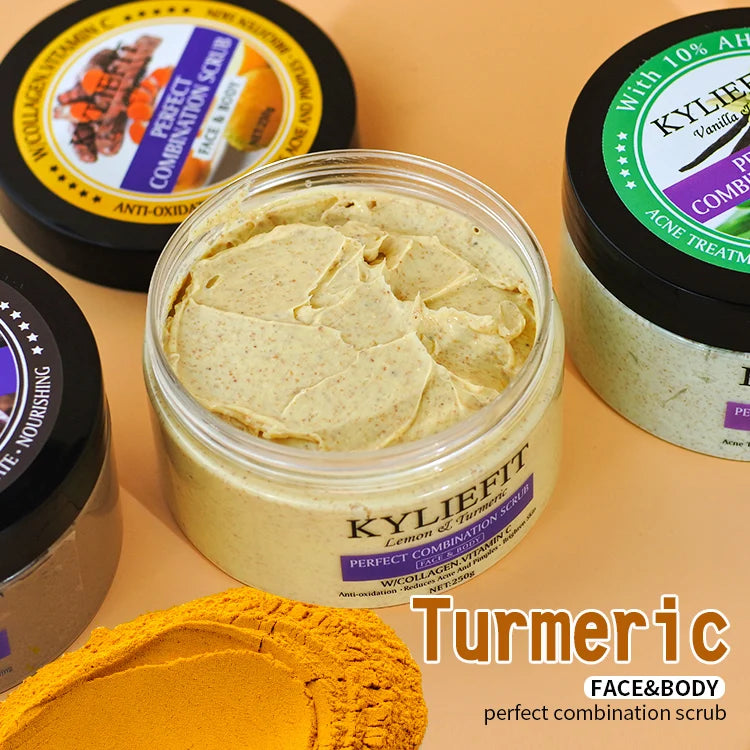 Kyliefit Hot Selling Lightening Exfoliating Face Papaya Natural Organic Scrubs Vegan Sea Salt Body Turmeric Scrub