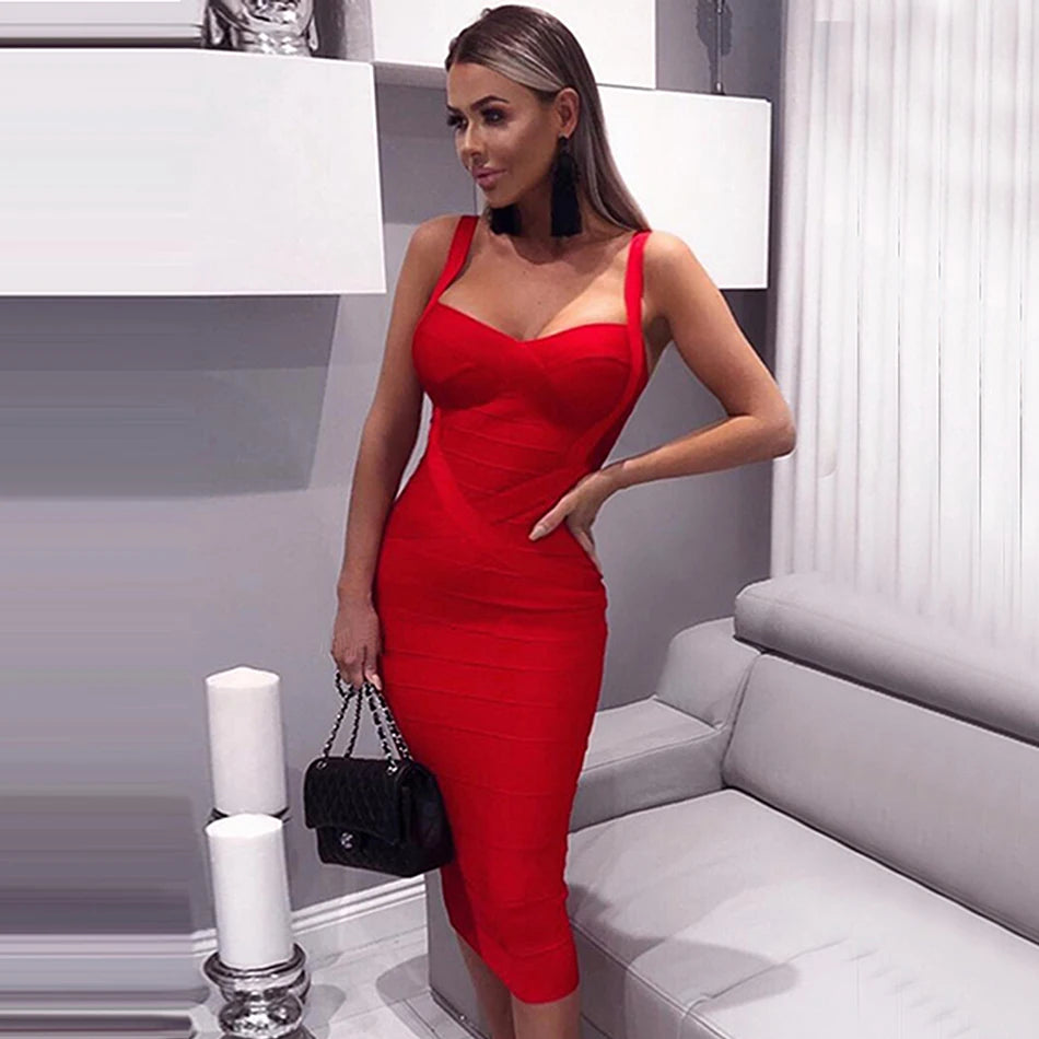 New 2026 Women Sexy Celebrity Midi Red White HL Elastic Bandage Dress Spaghetti Strap Club Bodycon Party Dress Wholesale HL434