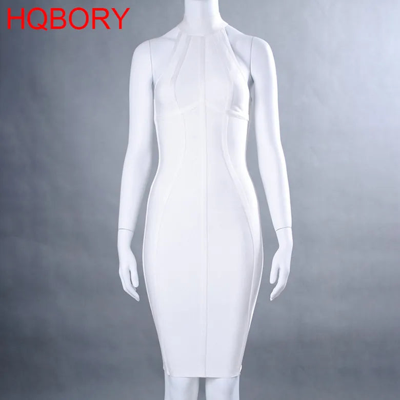 HQBORY Sexy sleeveless Vintage Black Bandage Dress Summer Women Slim Runway White Dress Bodycon Tank Turtleneck XL Vestido