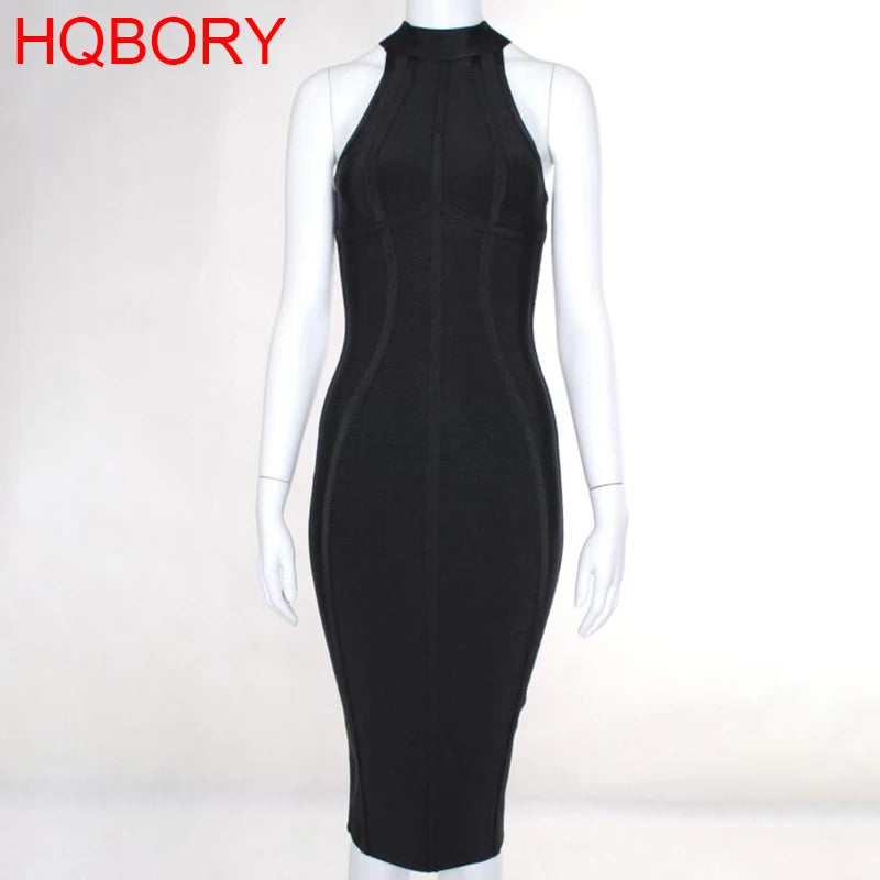 HQBORY Sexy sleeveless Vintage Black Bandage Dress Summer Women Slim Runway White Dress Bodycon Tank Turtleneck XL Vestido