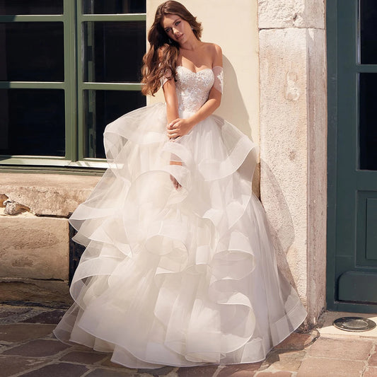 Exquisite Off-shoulder Princess Wedding Dress Customized Appliques Cascading Ruffles Puffy Tulle Bridal Gown  Vestidos de Novia