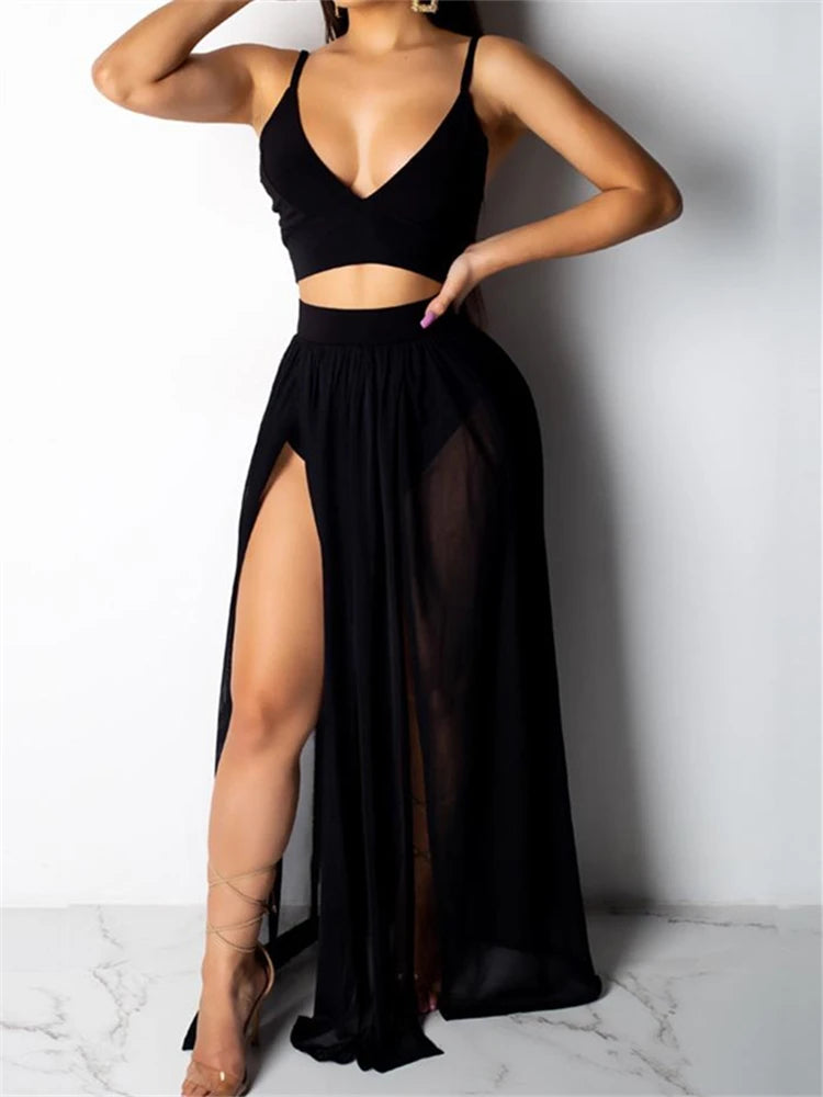 Women Sexy Yellow Solid Sleeveless V-Neck Holiday Two-Piece Suit Set Spaghetti Strap Crop Top & Maxi Slit Skirt Sets