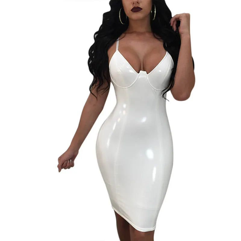 Bodycon Dress Women Spaghetti Strap PU Faux Leather Vinyl  Night Clubwear Dress 2018 V Neck Sexy Slim Mini Dress Pink White