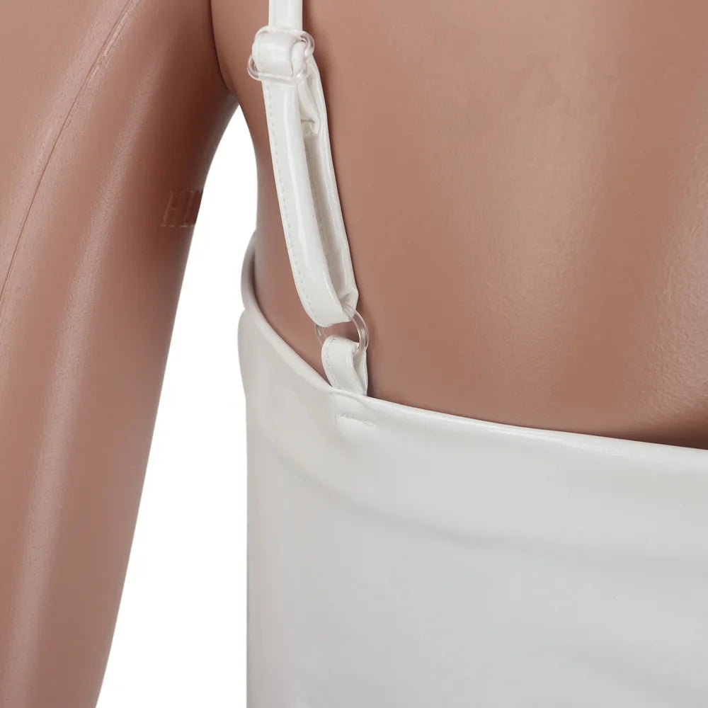Bodycon Dress Women Spaghetti Strap PU Faux Leather Vinyl  Night Clubwear Dress 2018 V Neck Sexy Slim Mini Dress Pink White