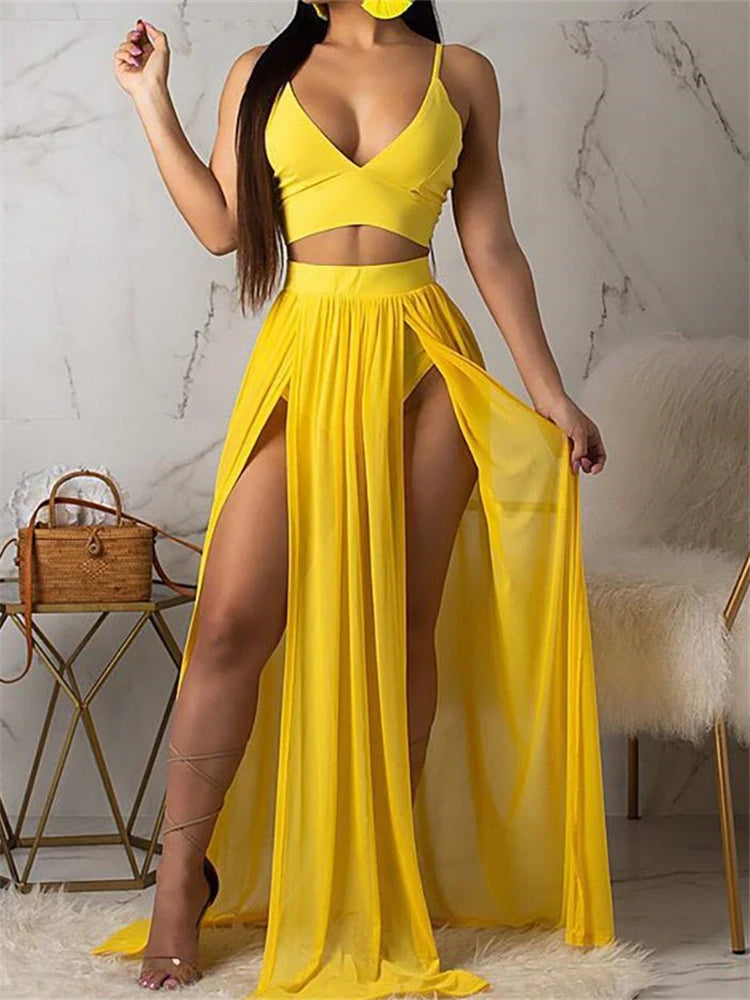 Women Sexy Yellow Solid Sleeveless V-Neck Holiday Two-Piece Suit Set Spaghetti Strap Crop Top & Maxi Slit Skirt Sets