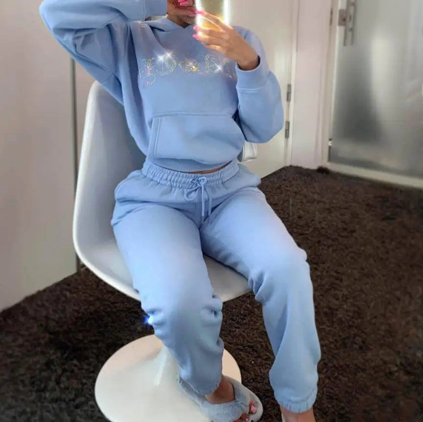 Diamonds Tracksuit 2 Piece Set Women Oversize Hoodies Sweatshirt Sweatpants Joggers Sport Pant Suits Femme Outfits Sweatsuits