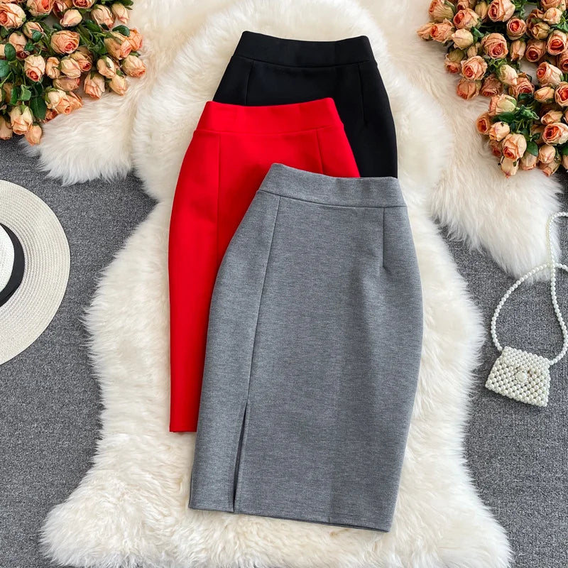 Women's Skirt Solid High Waist Work Pencil Skirt 2026 New Fashion Ladies Slim Fit Split Office OL Skirt Grey Red Black Skirts