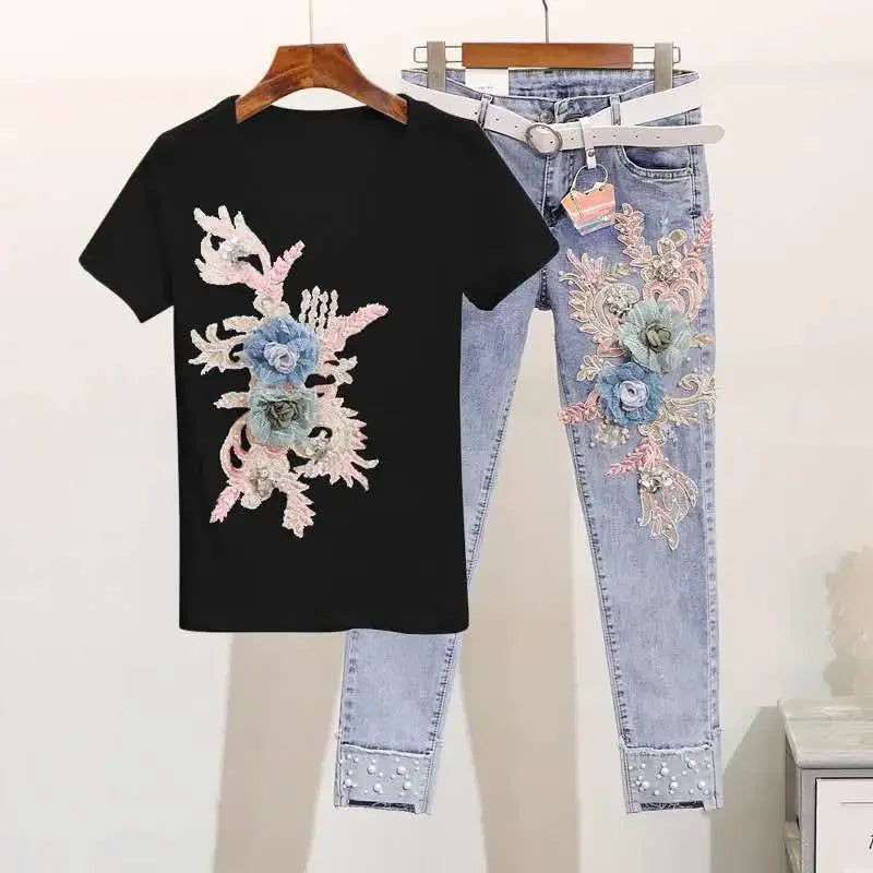 One-Piece/Set 2025 & 2026 Summer New Women Denim Pants Beaded Embroidery Short-Sleeved + Small Feet Hole Jeans Female Two-Piece Suit425