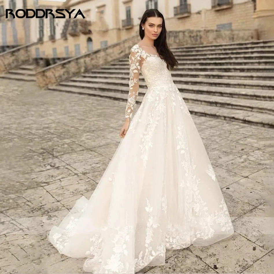 RODDRSYA Elegant O-Neck Wedding Dress Lace Up A-Line Applique Tulle Long Sleeves Beach Bride Gowns vestidos de novia Customized