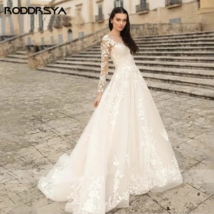 RODDRSYA Elegant O-Neck Wedding Dress Lace Up A-Line Applique Tulle Long Sleeves Beach Bride Gowns vestidos de novia Customized