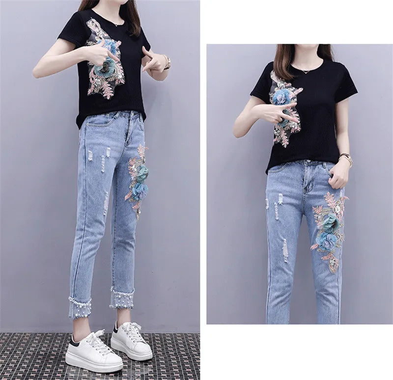 One-Piece/Set 2025 & 2026 Summer New Women Denim Pants Beaded Embroidery Short-Sleeved + Small Feet Hole Jeans Female Two-Piece Suit425